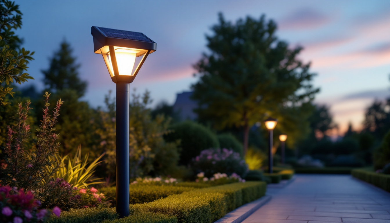 A photograph of a sleek solar outdoor post light illuminating a beautifully landscaped garden at dusk