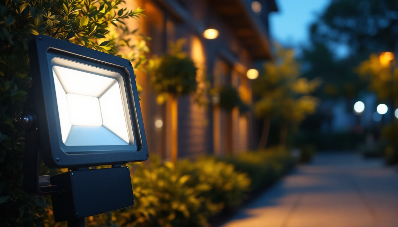 A photograph of a commercial led flood light illuminating an outdoor space