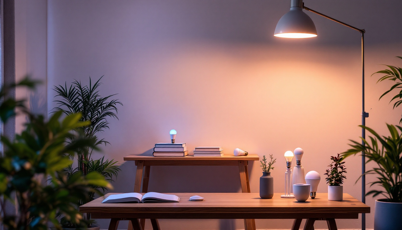 A photograph of a well-lit indoor space showcasing various bulb base types in use