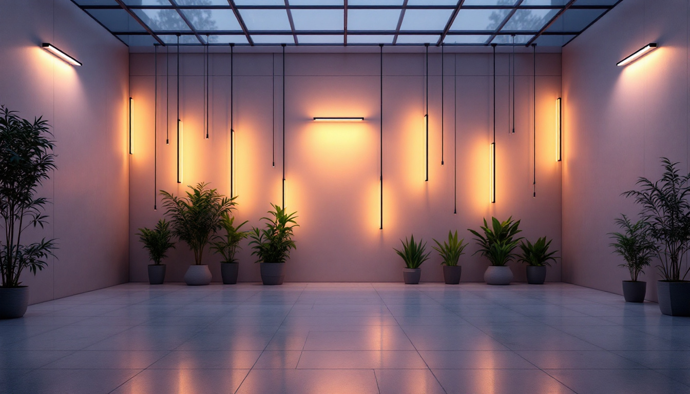 A photograph of a spacious indoor or outdoor area showcasing a variety of led wall-mounted lights in a large-scale installation