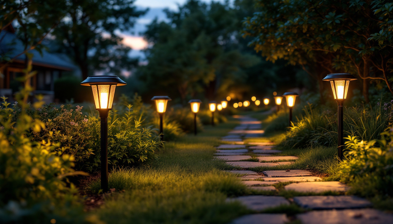 A photograph of a beautifully lit outdoor pathway showcasing a variety of solar path lights in a natural setting during twilight