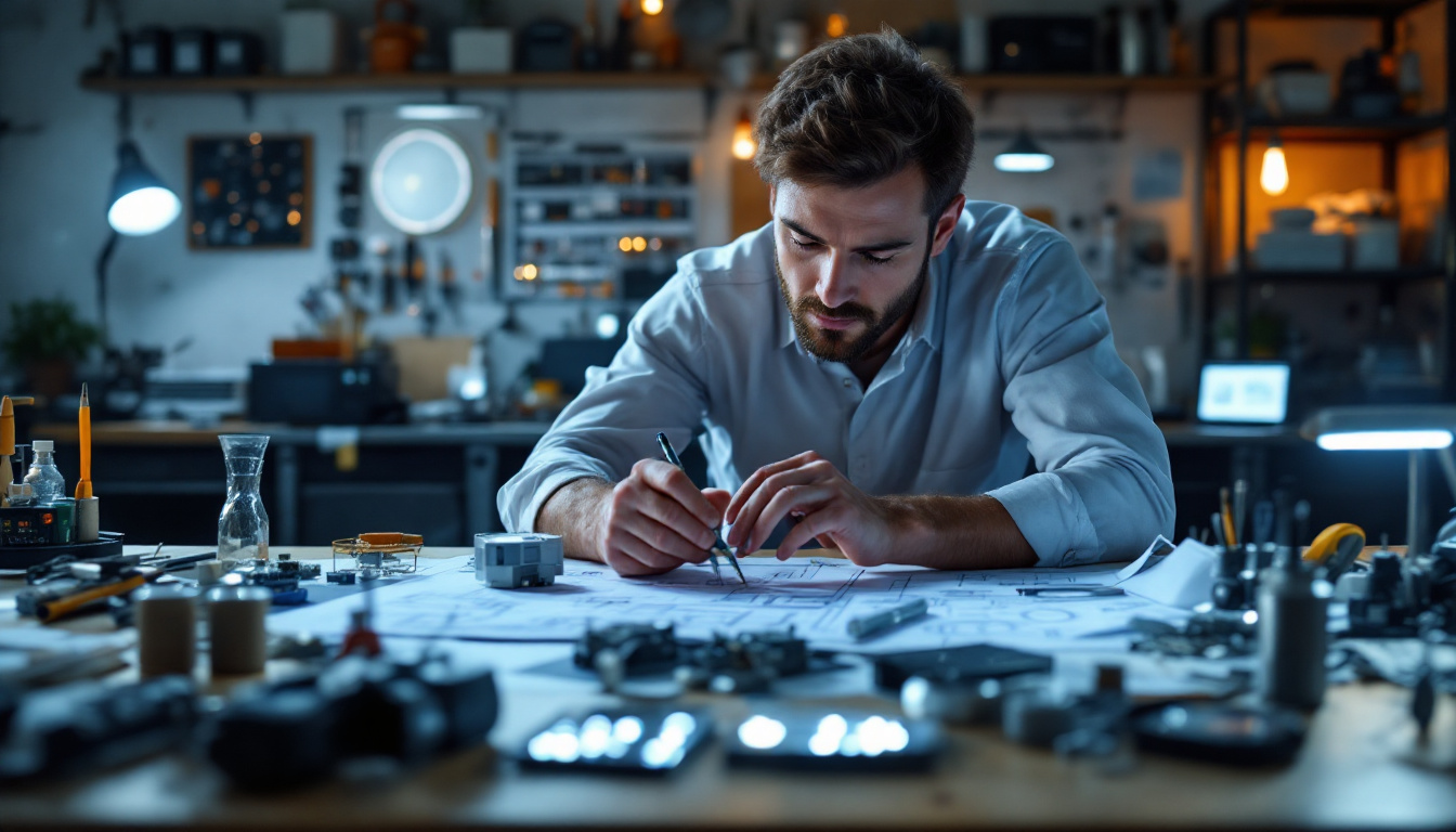A photograph of a well-organized workspace featuring an electrical engineer examining various led components