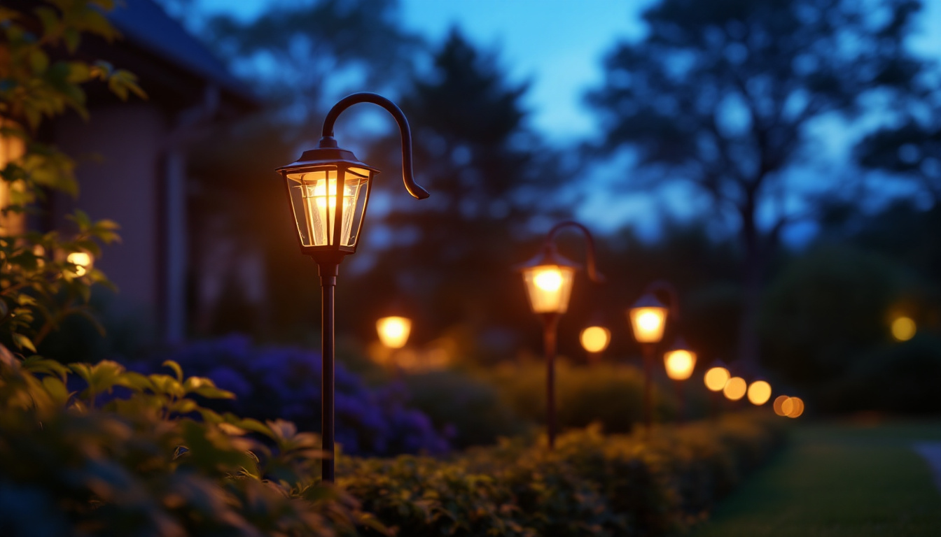 A photograph of a beautifully lit garden scene featuring shepherd hook solar lights illuminated at dusk
