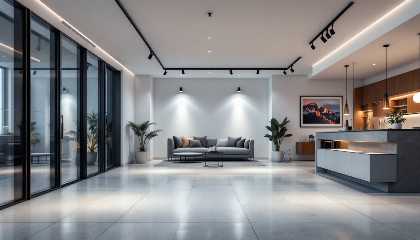 A photograph of a well-lit interior space showcasing 2-inch led recessed lighting fixtures in various settings
