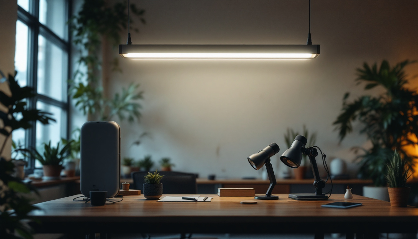 A photograph of a well-lit workspace featuring an 8-foot fluorescent light bulb installation