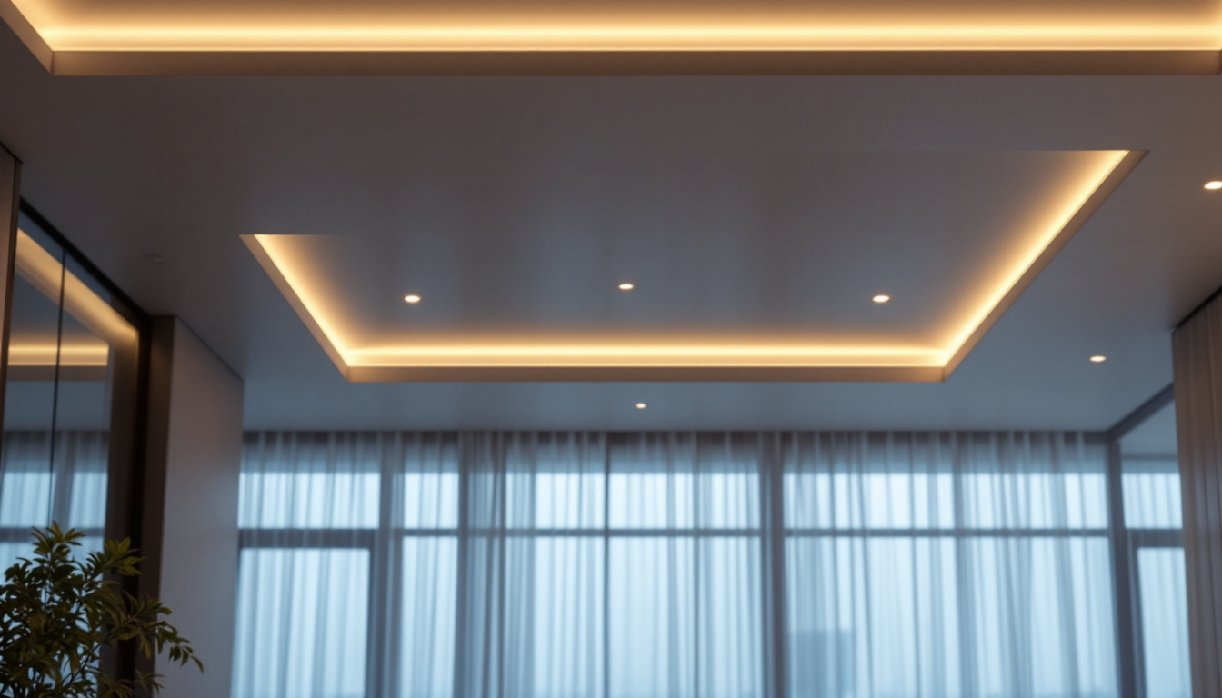 A photograph of a modern living space showcasing sleek 6-inch recessed lighting fixtures integrated into a stylish ceiling design