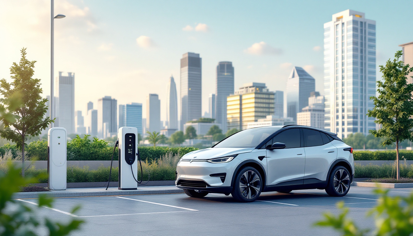 A photograph of a modern electric vehicle parked next to a charging station