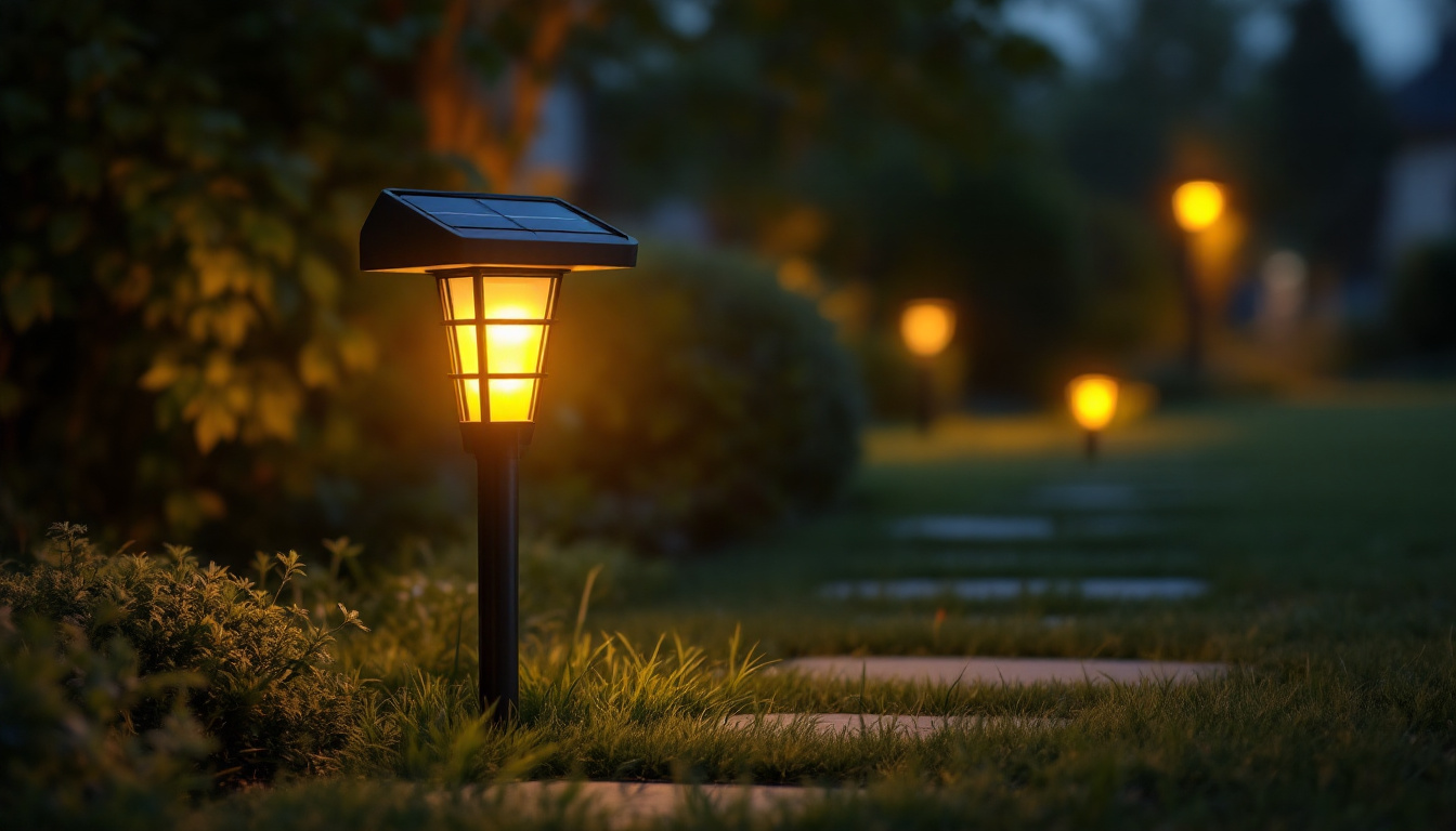 A photograph of a beautifully illuminated solar path light in a serene garden setting at dusk