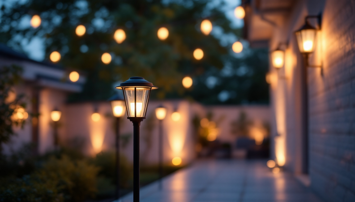 A photograph of a beautifully lit outdoor space showcasing various styles of outdoor lights
