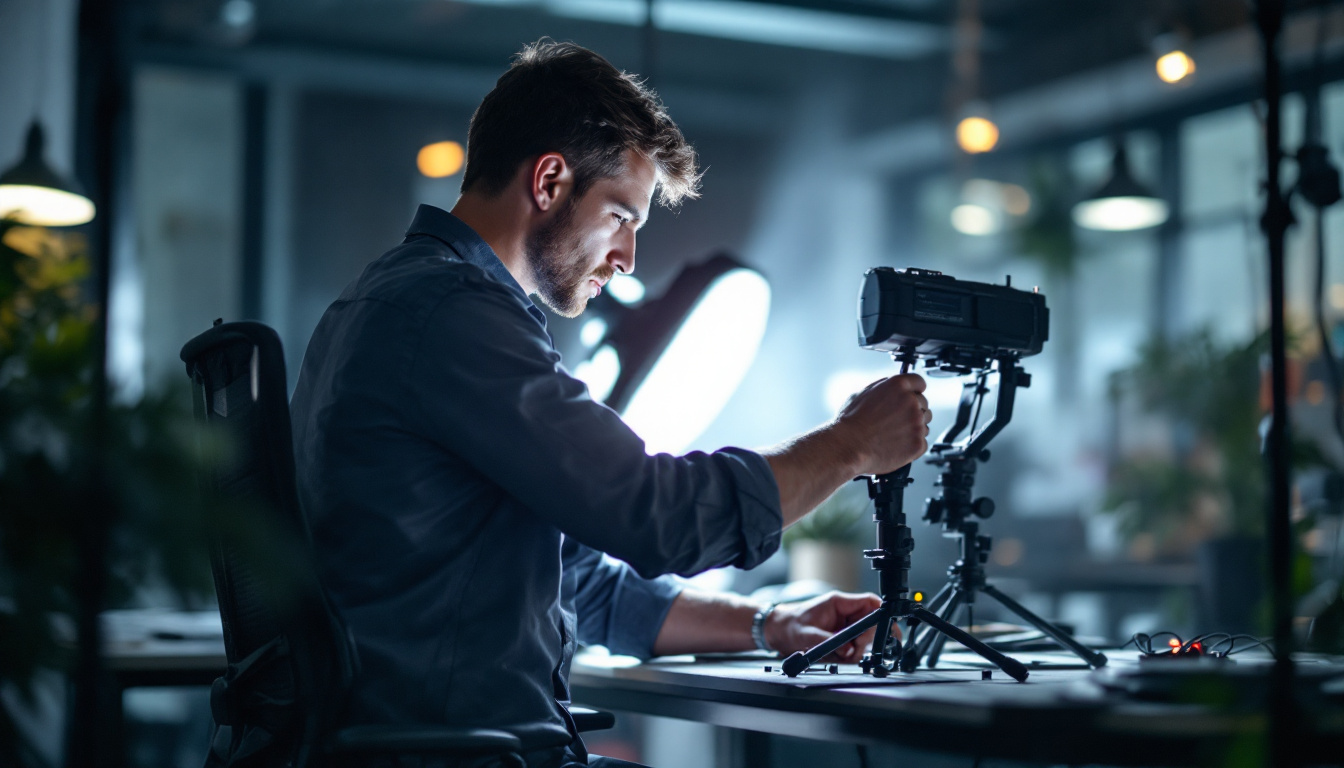 A photograph of a skilled electrical engineer meticulously adjusting a sophisticated lighting setup in a modern workspace