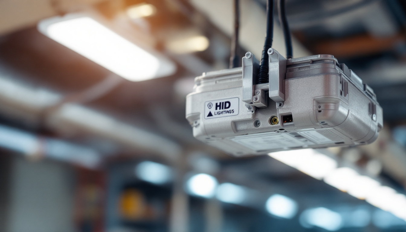 A photograph of a close-up of a hid lighting ballast installed in a commercial setting