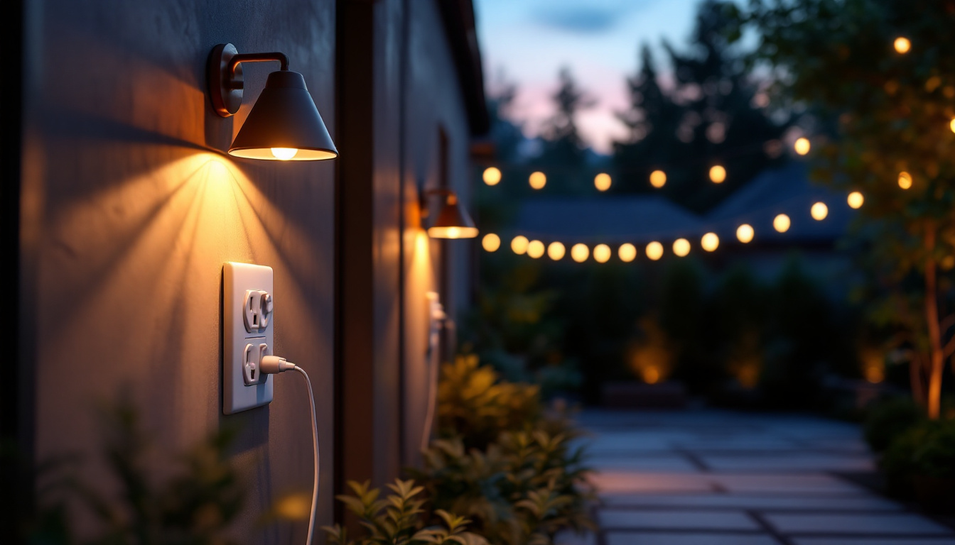 A photograph of a beautifully illuminated outdoor space featuring stylish outdoor lights with visible electrical outlets