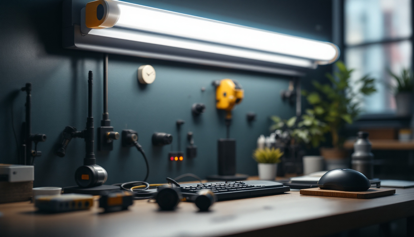A photograph of a t12 fluorescent tube illuminated in a modern workspace