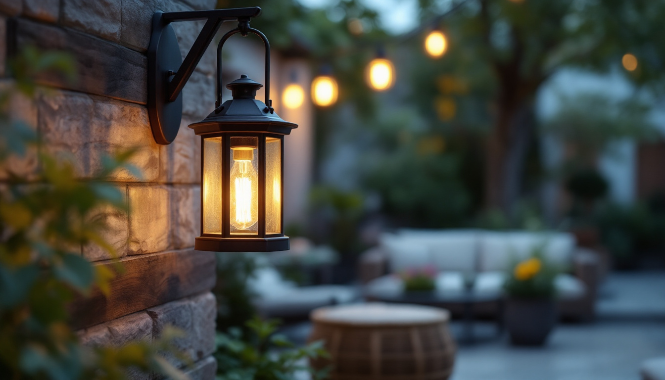 A photograph of a beautifully styled outdoor setting featuring a lantern light fixture