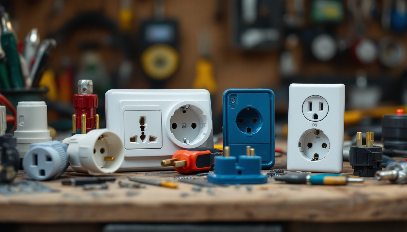 A photograph of a close-up shot of various appliance plugs and sockets arranged on a workbench