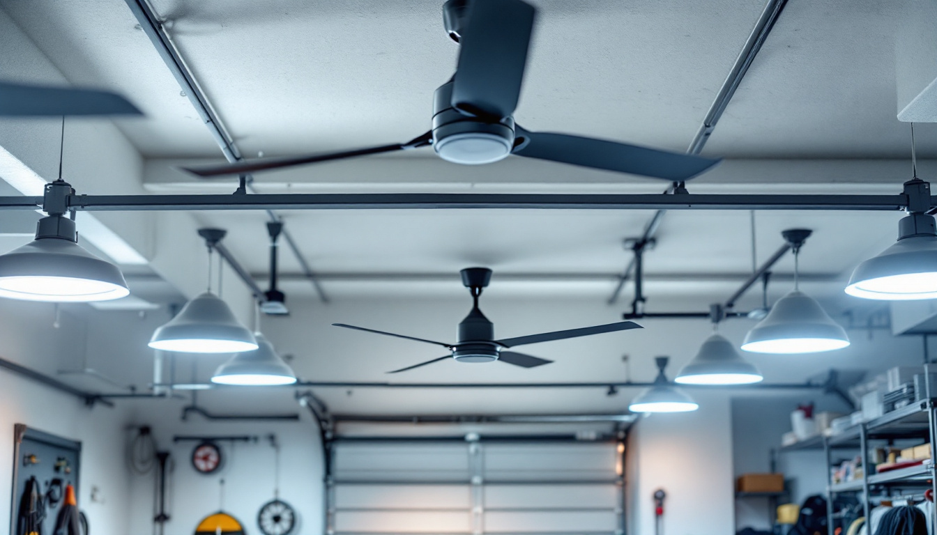 A photograph of a modern garage interior showcasing sleek ceiling fans and innovative lighting solutions