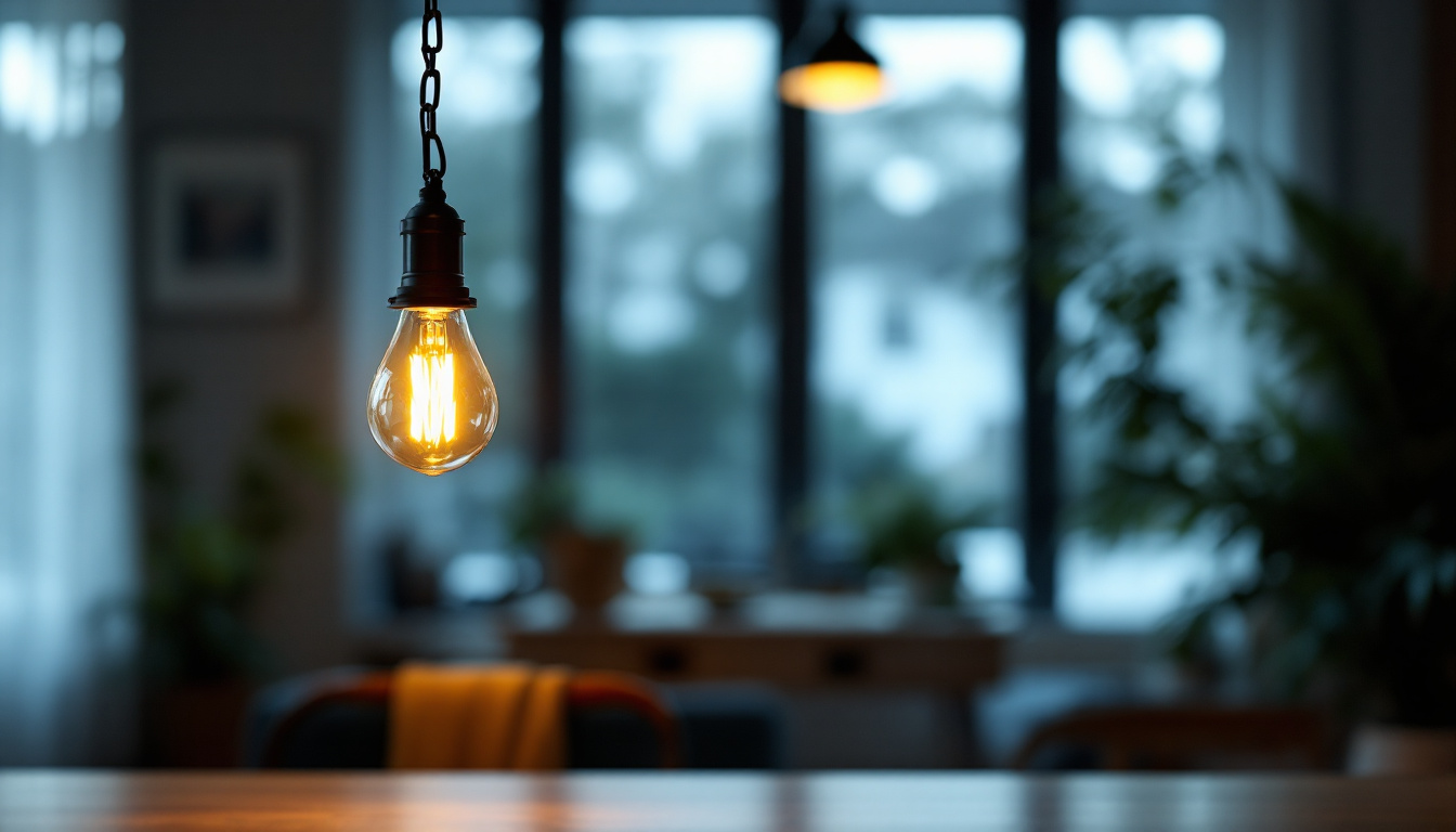 A photograph of a stylish hanging lamp suspended from a chain in a well-lit room