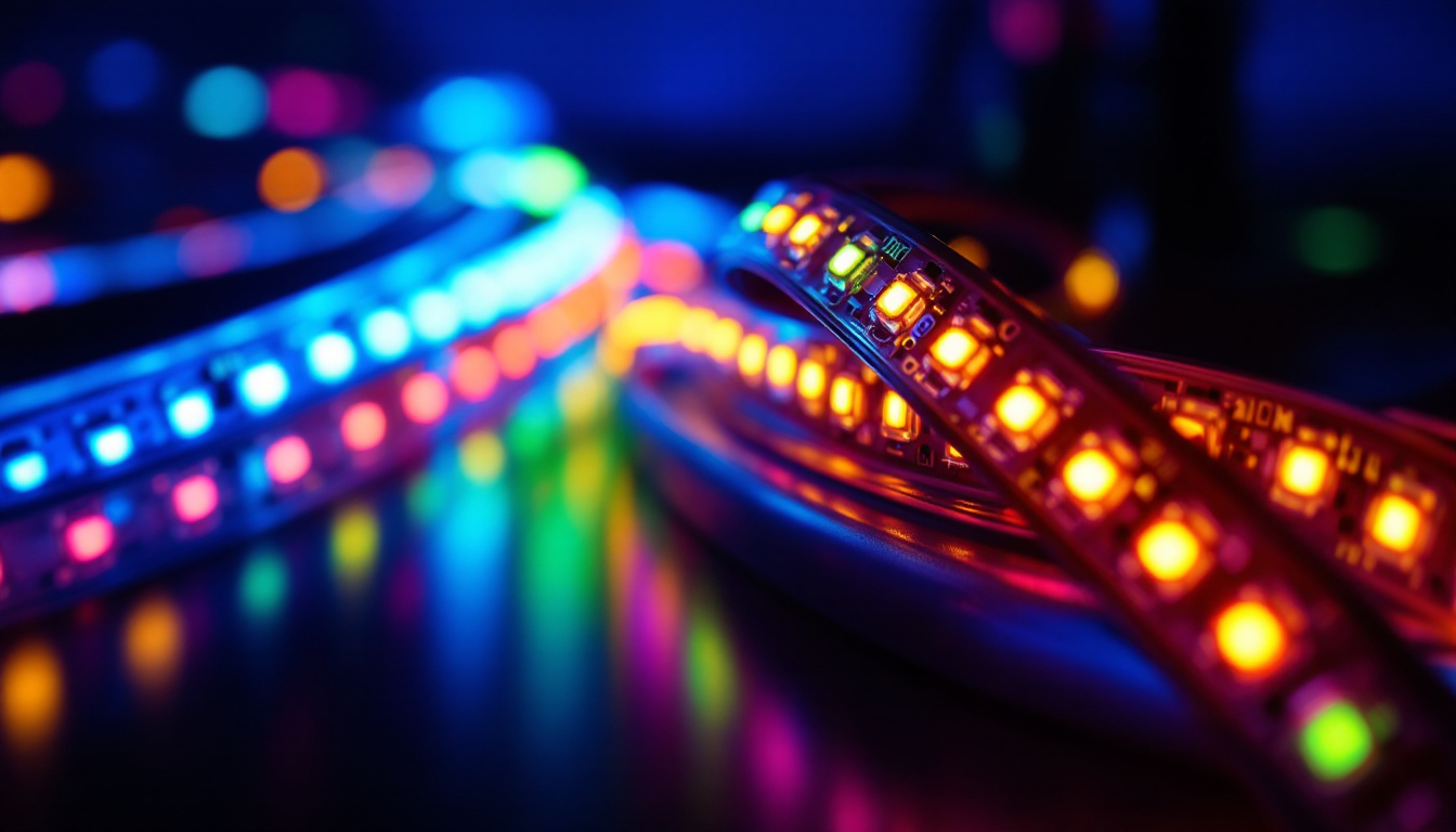 A photograph of a close-up shot of vibrant led light strips installed in a modern lighting setup