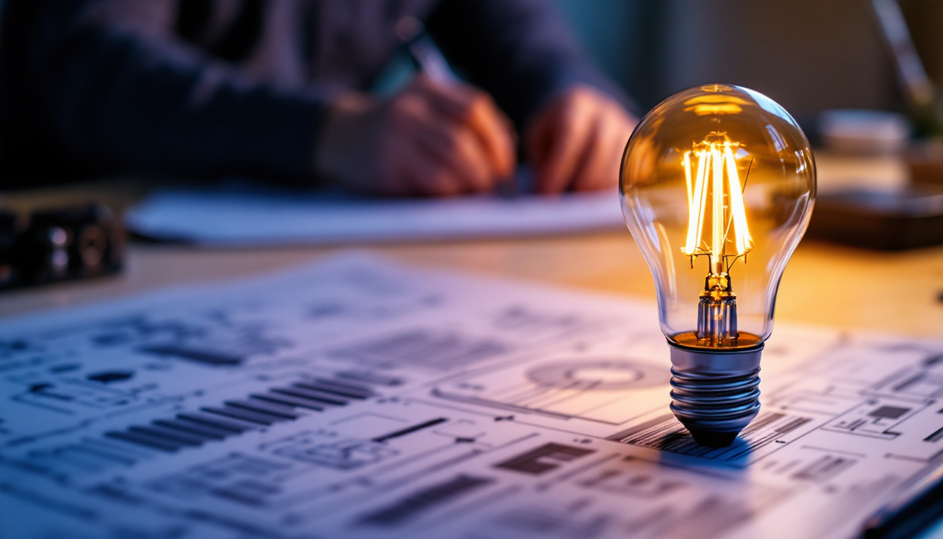 A photograph of a close-up shot of a modern led light bulb alongside a blueprint or electrical code manual