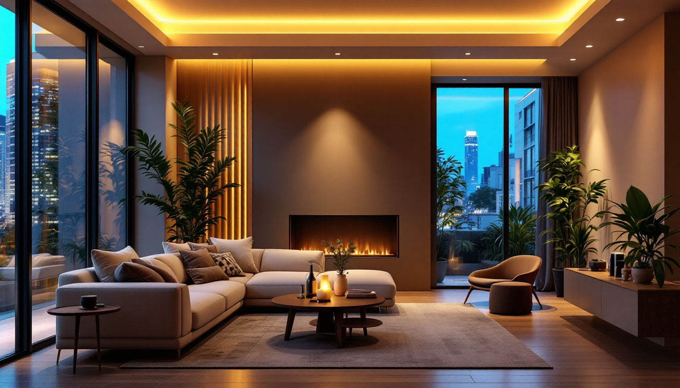 A photograph of a modern interior space featuring dimmable can lights in action