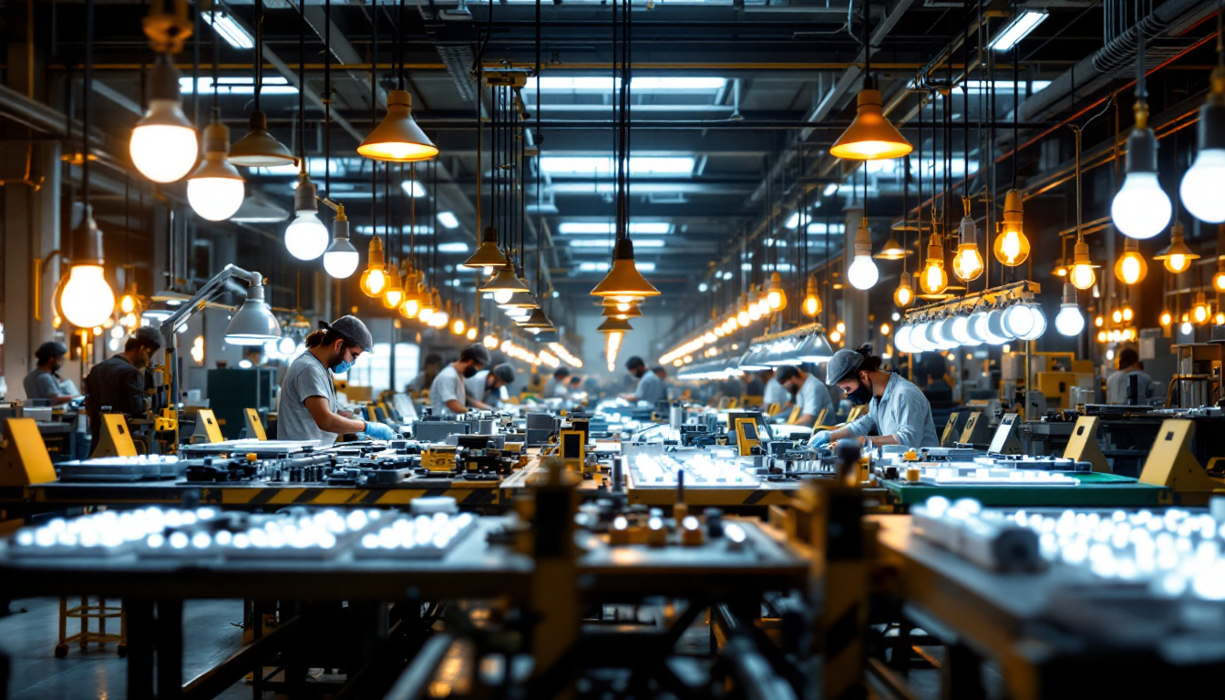 A photograph of a bustling light factory interior