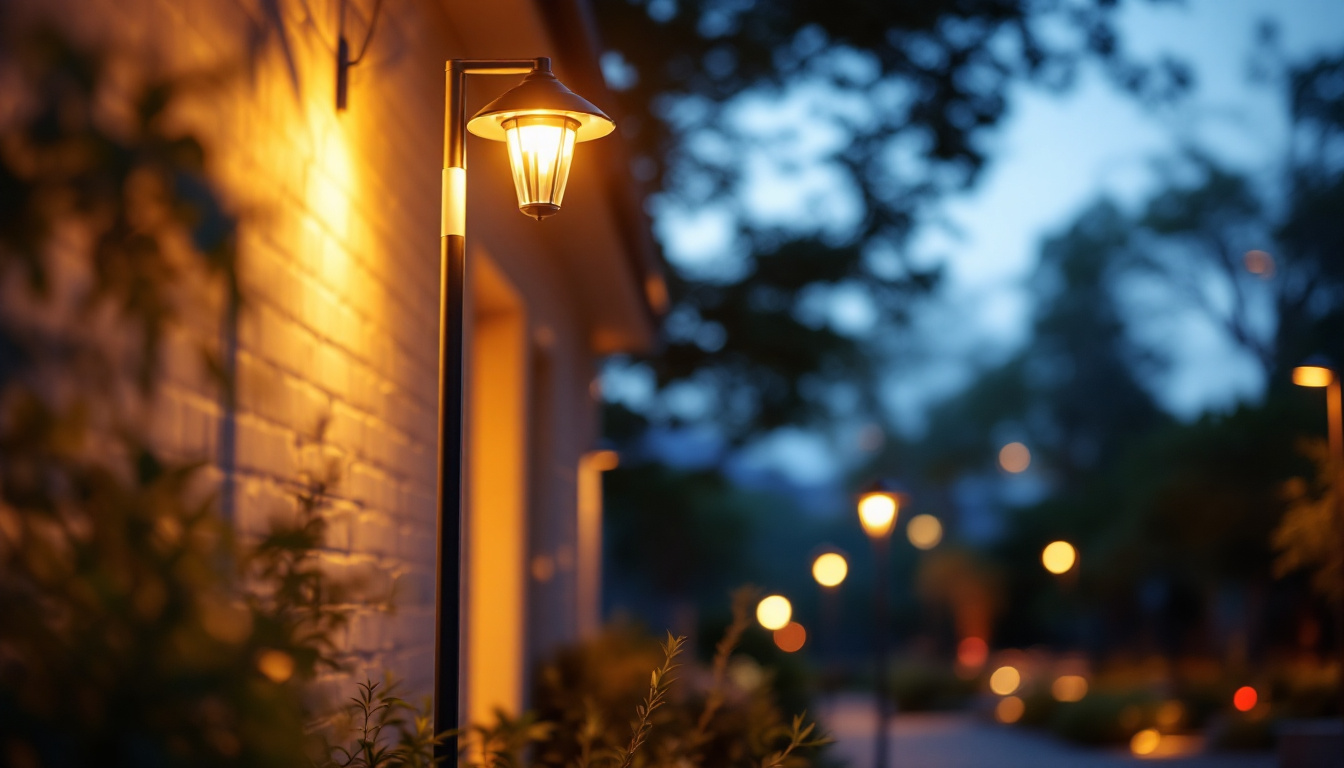 A photograph of a beautifully illuminated outdoor space featuring a stylish pole light