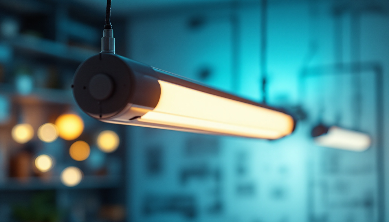 A photograph of a close-up of a fluorescent light fixture in a modern workspace