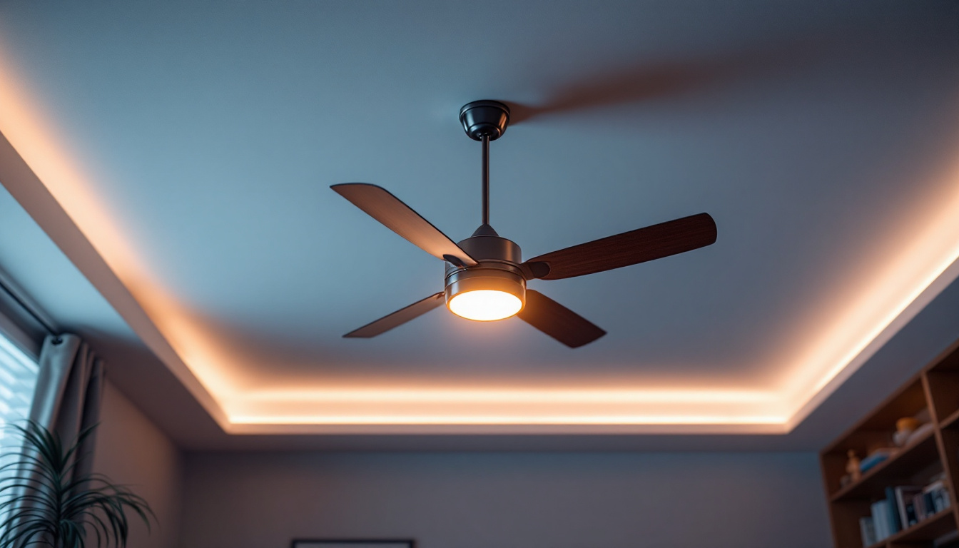 A photograph of a beautifully lit ceiling fan in a stylish room setting