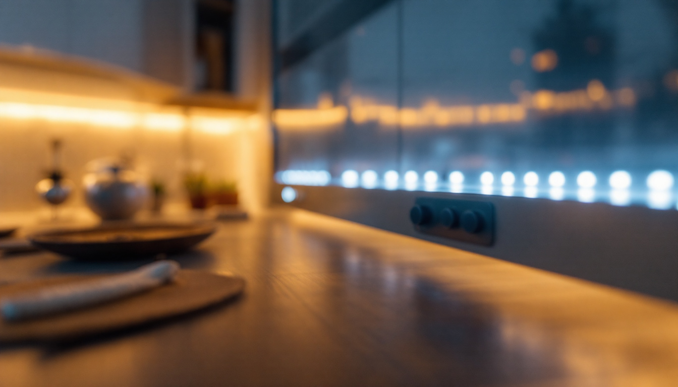 A photograph of a close-up shot of a beautifully lit room featuring led tape lighting with a dimmer control