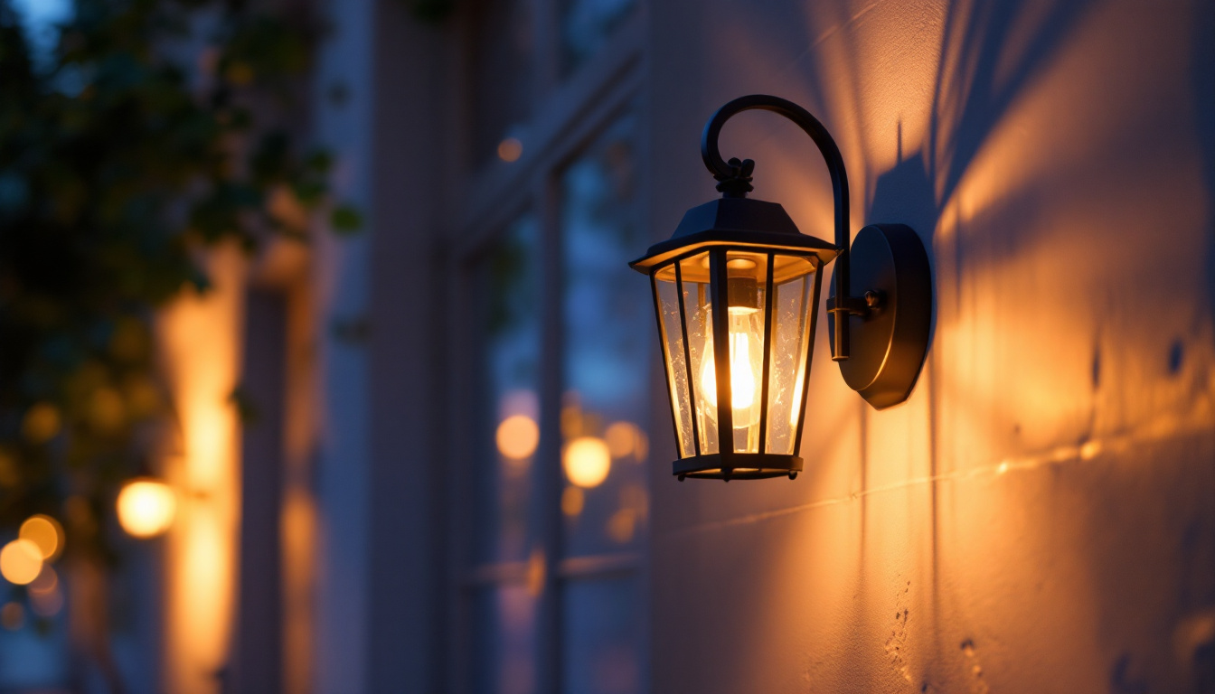 A photograph of a beautifully designed exterior lantern wall light installed on a charming building facade during twilight