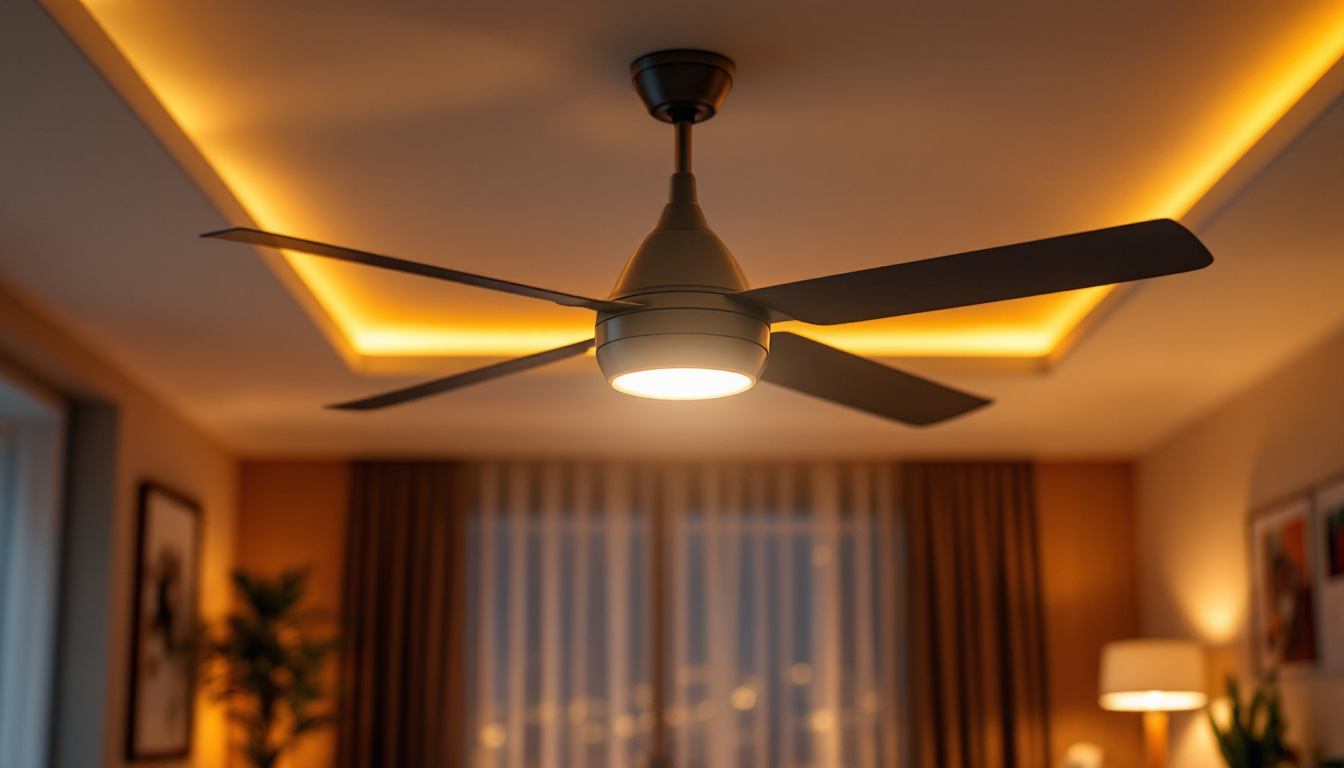 A photograph of a modern ceiling fan with integrated led lighting