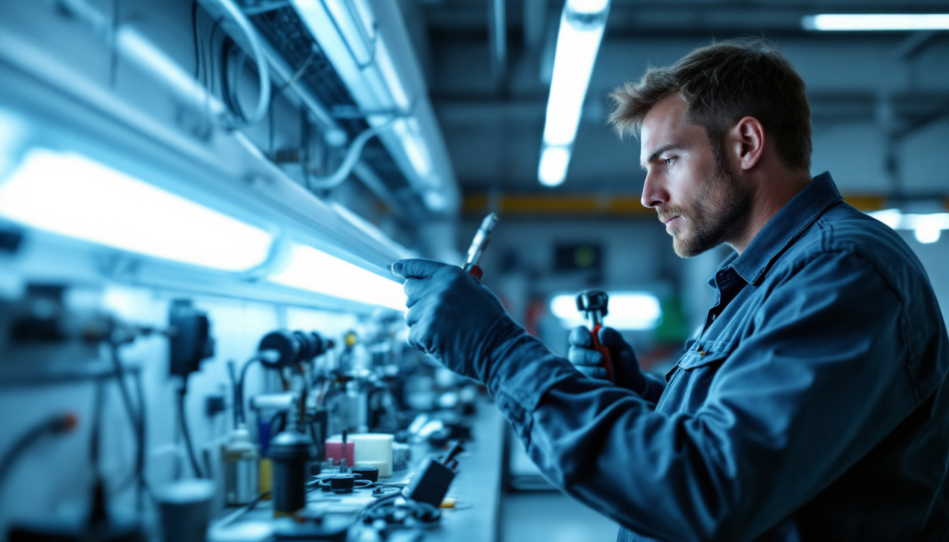 A photograph of a skilled electrical engineer working on a fluorescent to led lighting conversion project