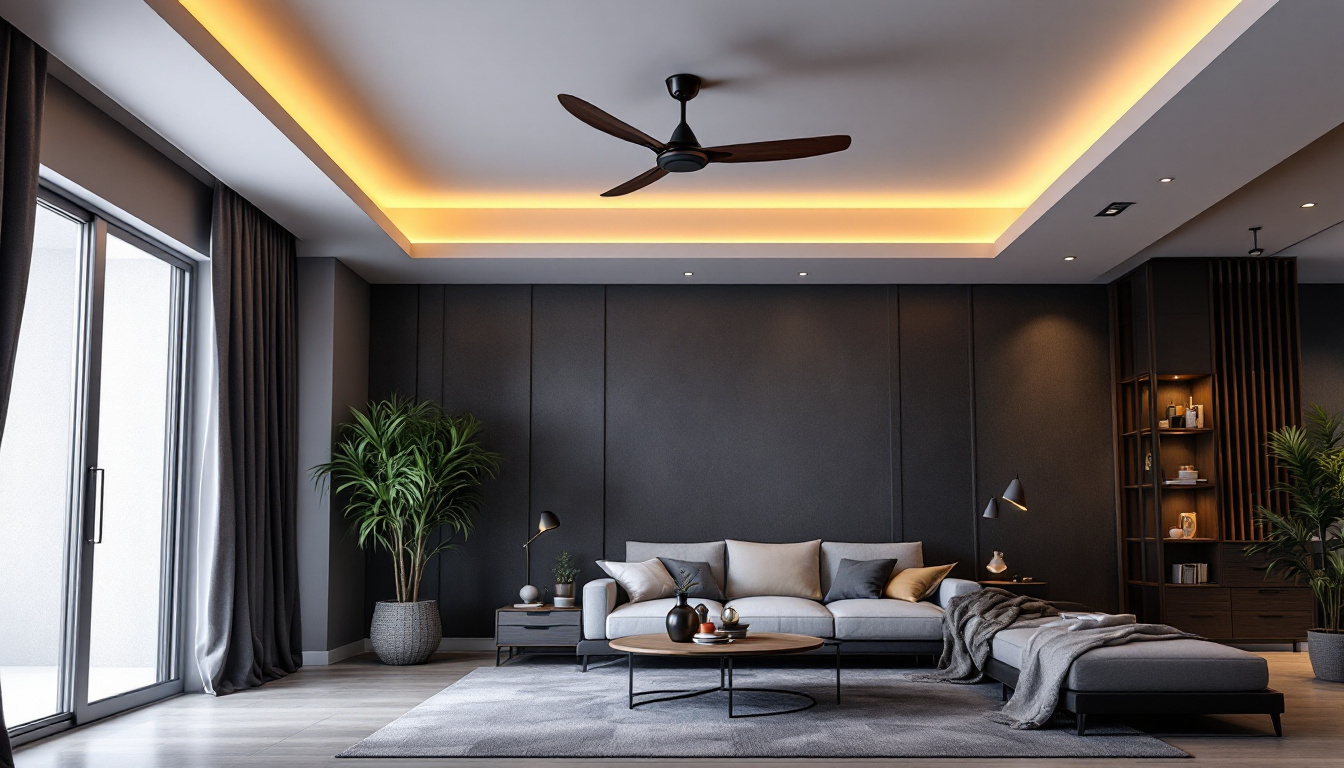 A photograph of a stylishly designed room featuring an elegant ceiling fan