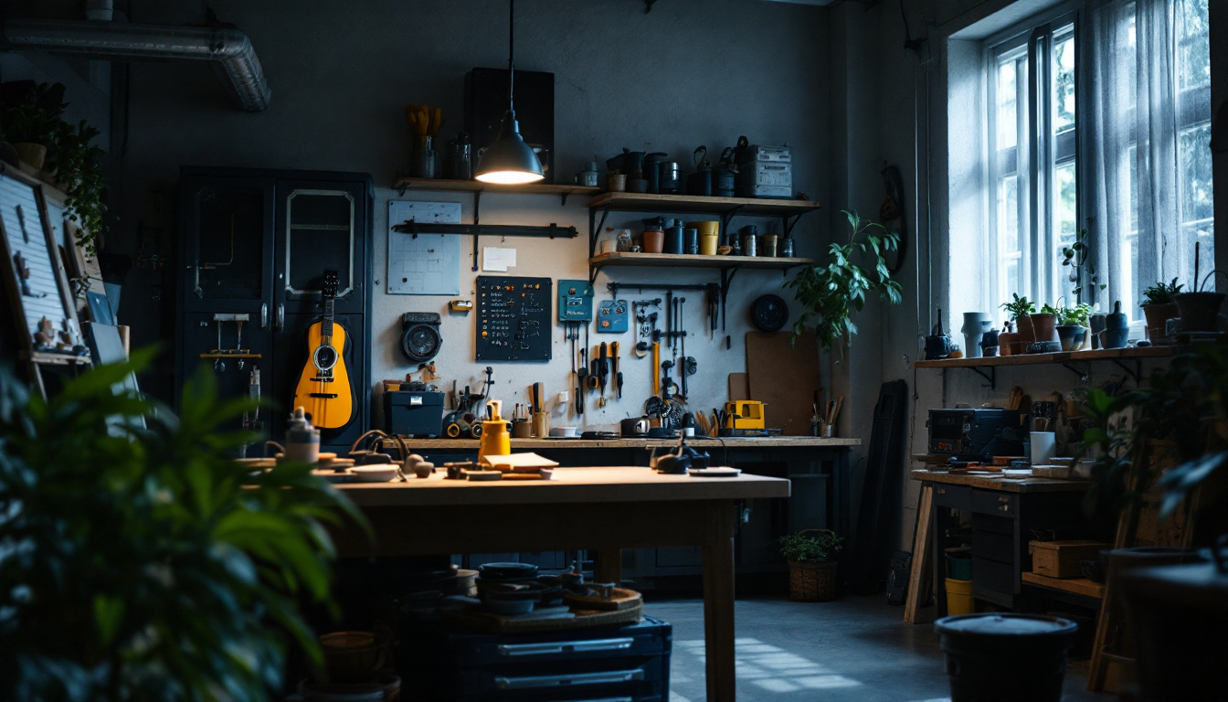 A photograph of a well-lit workshop or garage setting featuring a 4 ft shop light in use