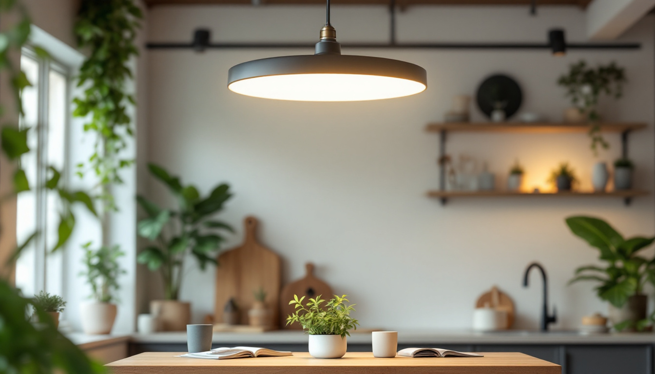 A photograph of a modern industrial flush mount light fixture installed in a stylish