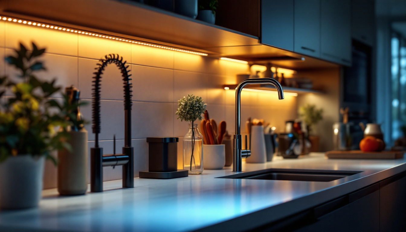 A photograph of a stylish kitchen featuring under counter led lights illuminating the workspace