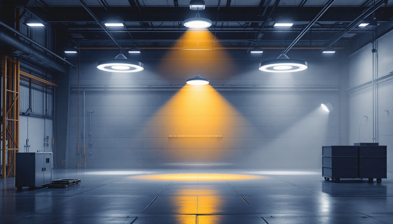A photograph of a well-lit industrial space showcasing ufo high bay led lights in action