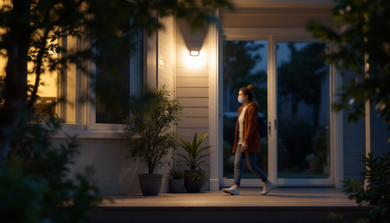 A photograph of a well-lit porch featuring a motion-sensing light fixture in action