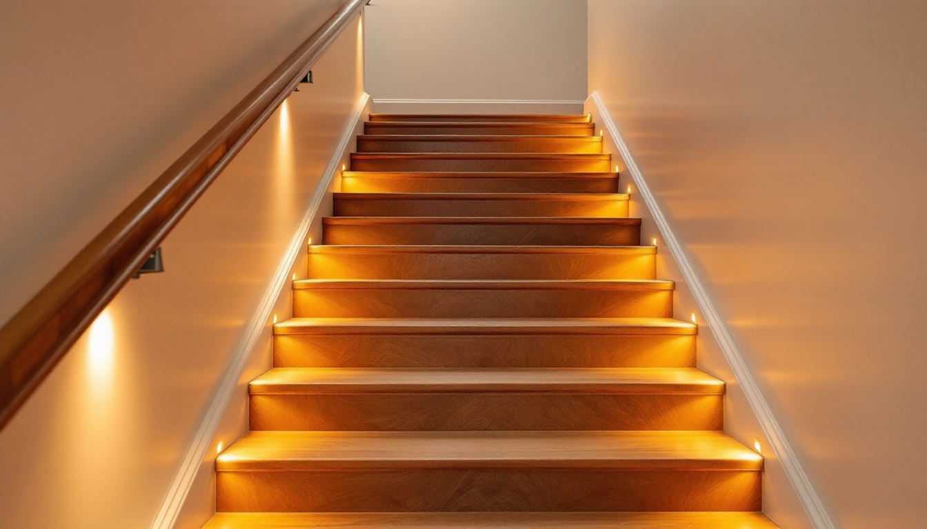 A photograph of a beautifully designed staircase illuminated by recessed stair lights