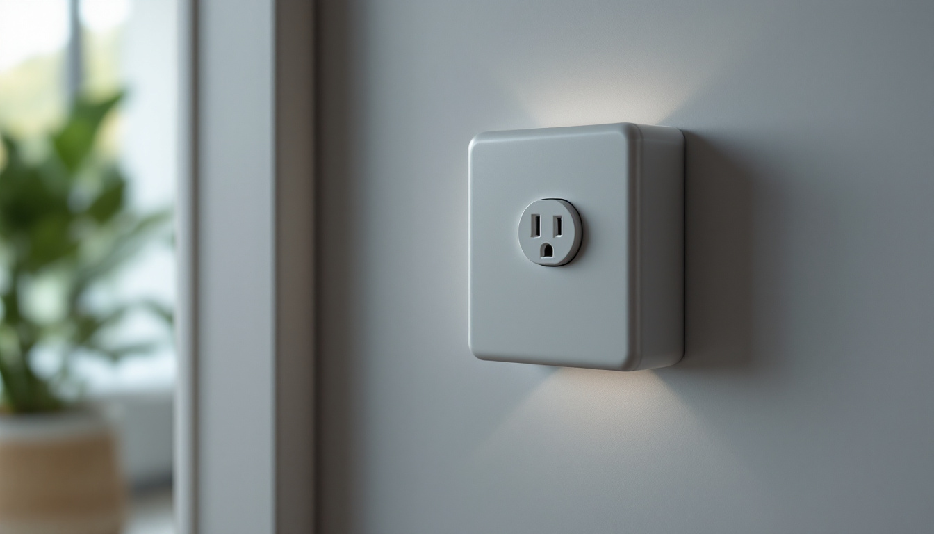 A photograph of a covered outlet box installed in a modern home setting