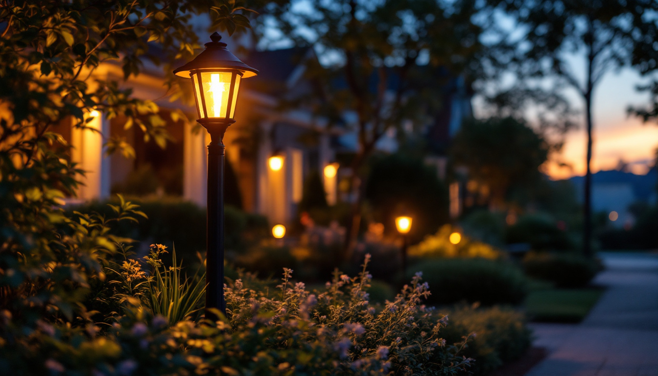 A photograph of a beautifully illuminated front lawn light post at dusk