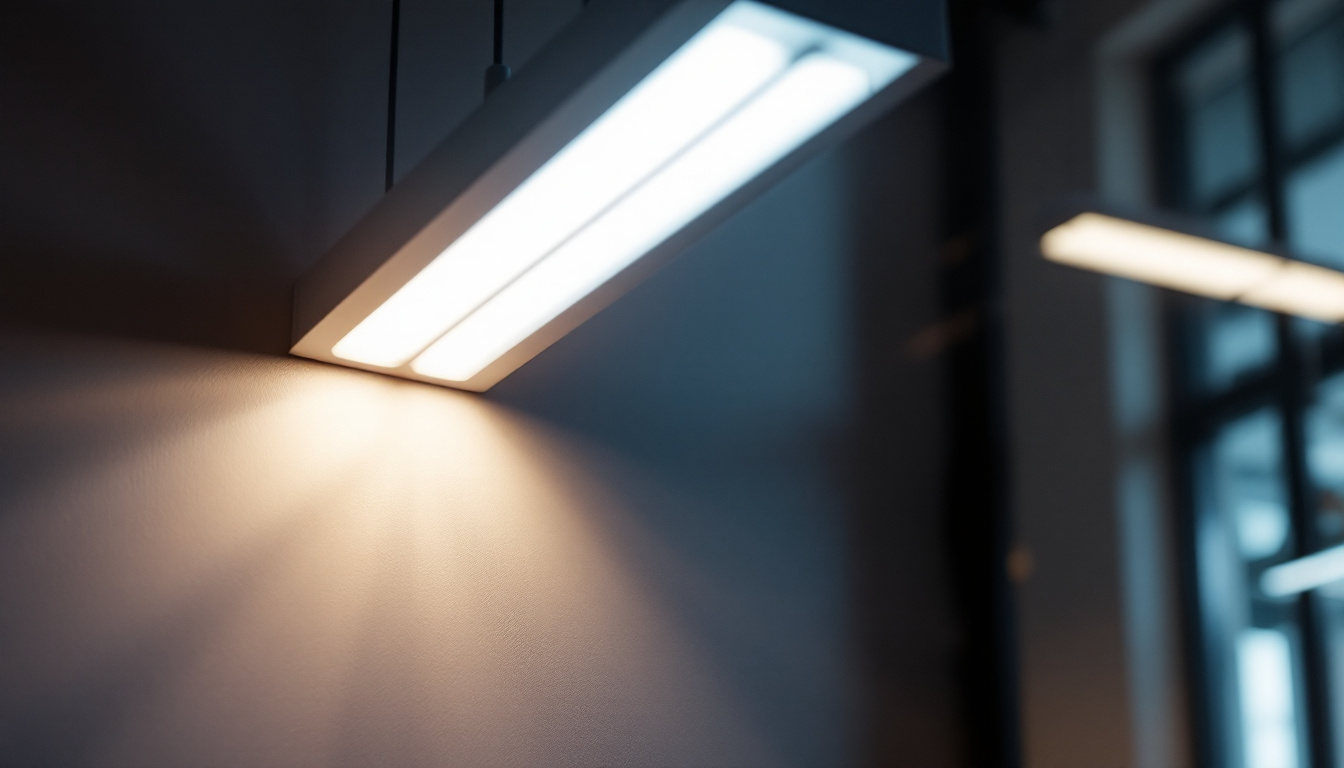A photograph of a well-lit fluorescent light fixture installed in a modern workspace