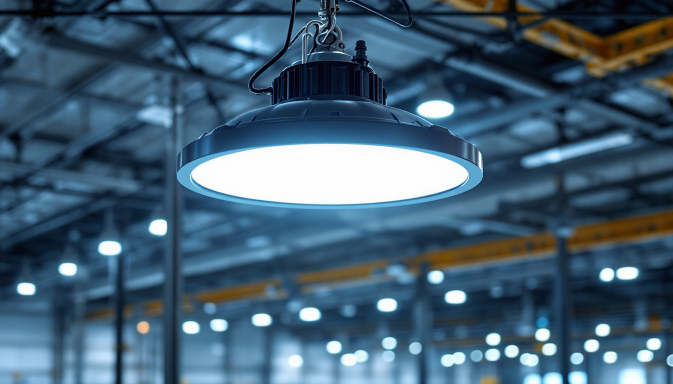 A photograph of a hyperlite led high bay light installed in an industrial or commercial setting