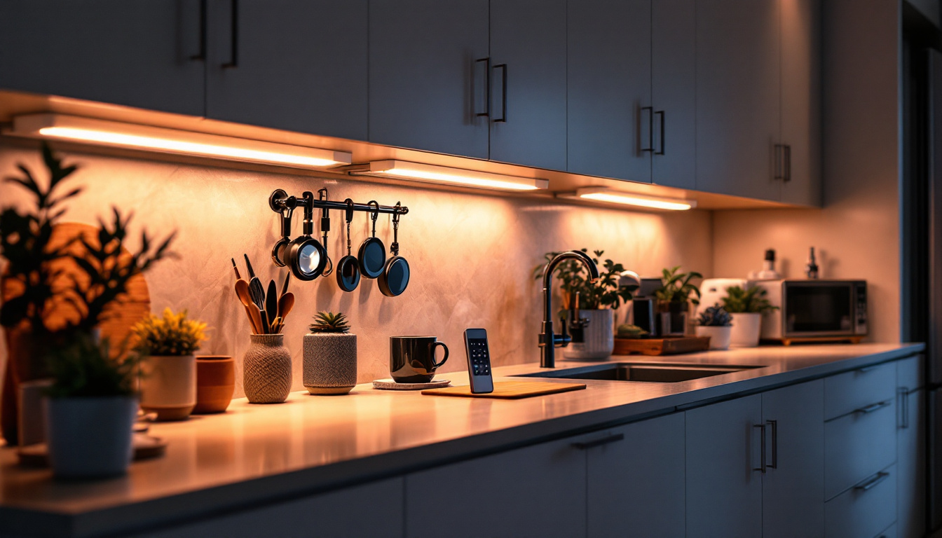 A photograph of a beautifully illuminated kitchen or workspace featuring stylish cabinet lights with remote controls