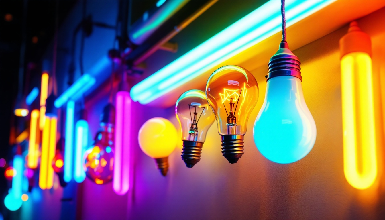 A photograph of a vibrant array of fluorescent lamps in various colors and styles