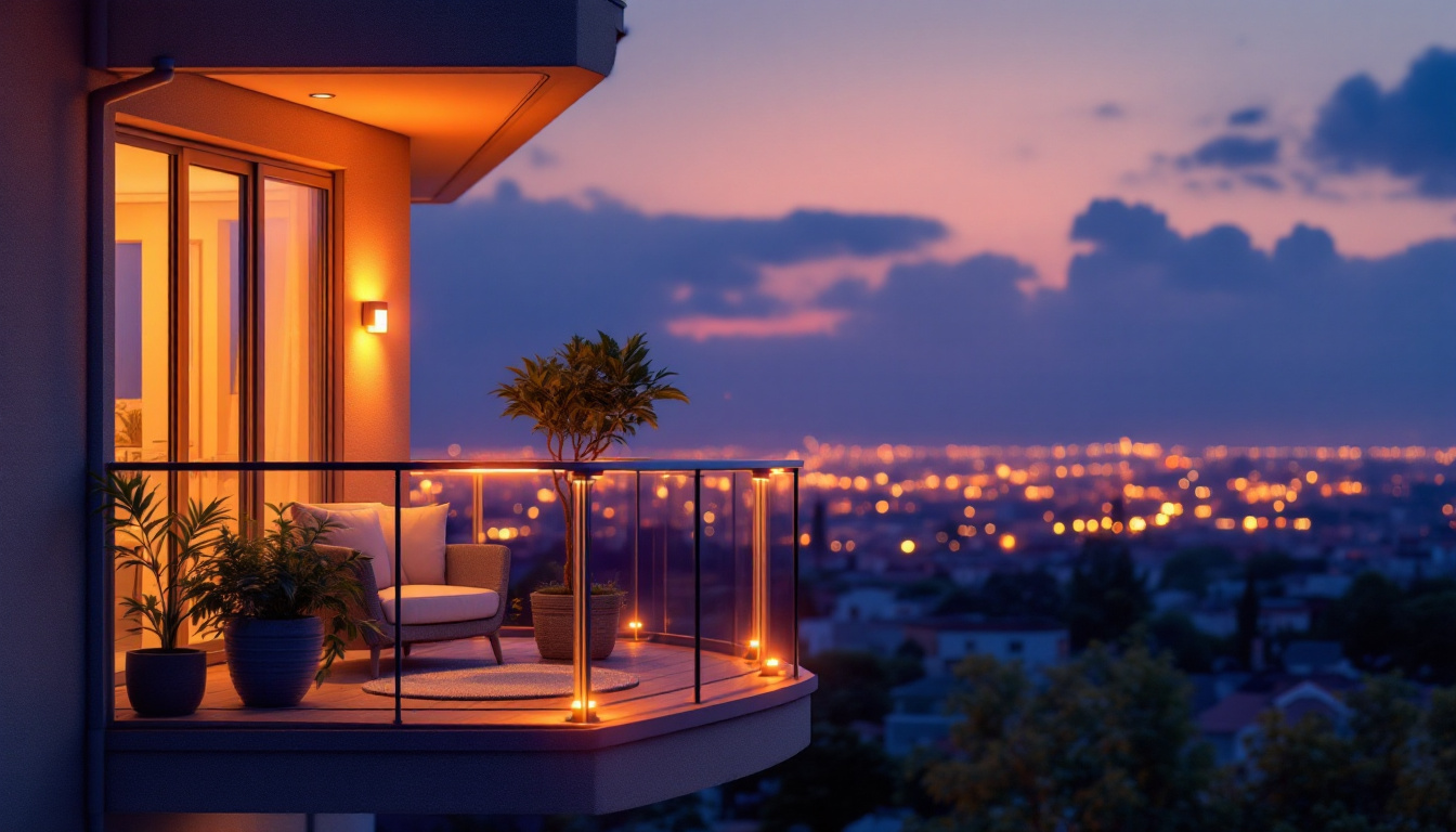 A photograph of a beautifully lit balcony at dusk