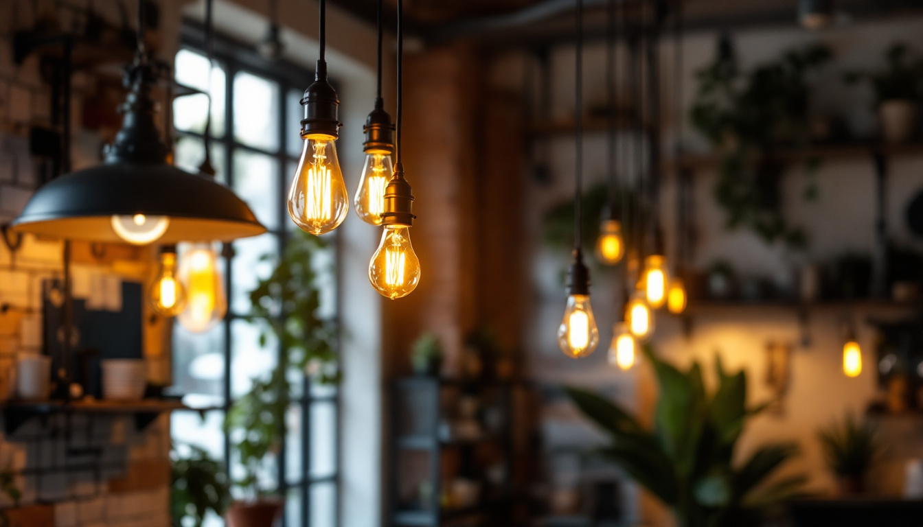A photograph of a well-designed industrial-style lighting setup in an interior space