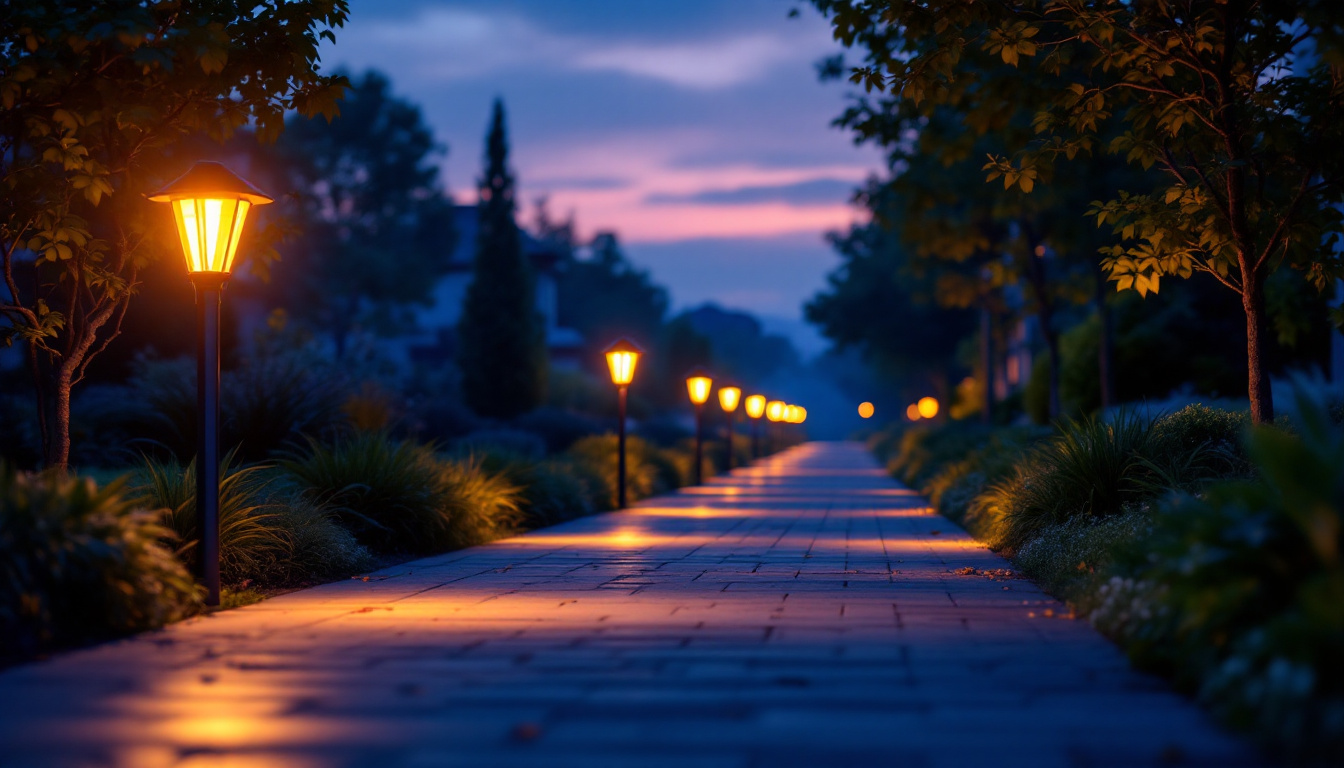 A photograph of a beautifully illuminated pathway lined with vibrant sidewalk solar lights at dusk