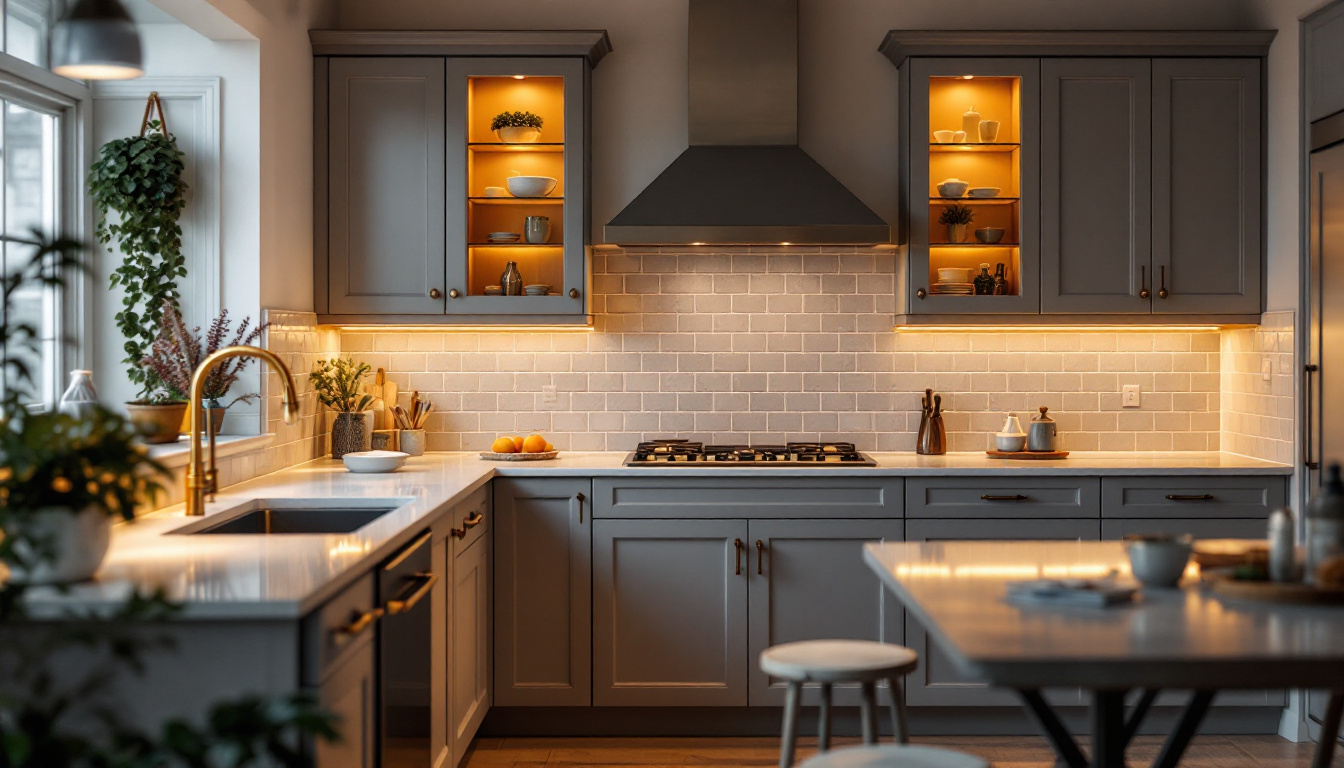 A photograph of a beautifully designed kitchen featuring under-cabinet lighting that highlights the countertops and creates a warm