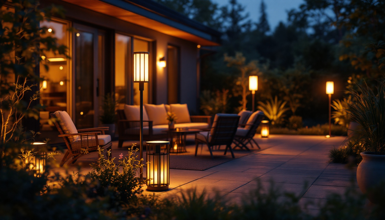 A photograph of a beautifully illuminated outdoor patio scene featuring various led patio lamps in use